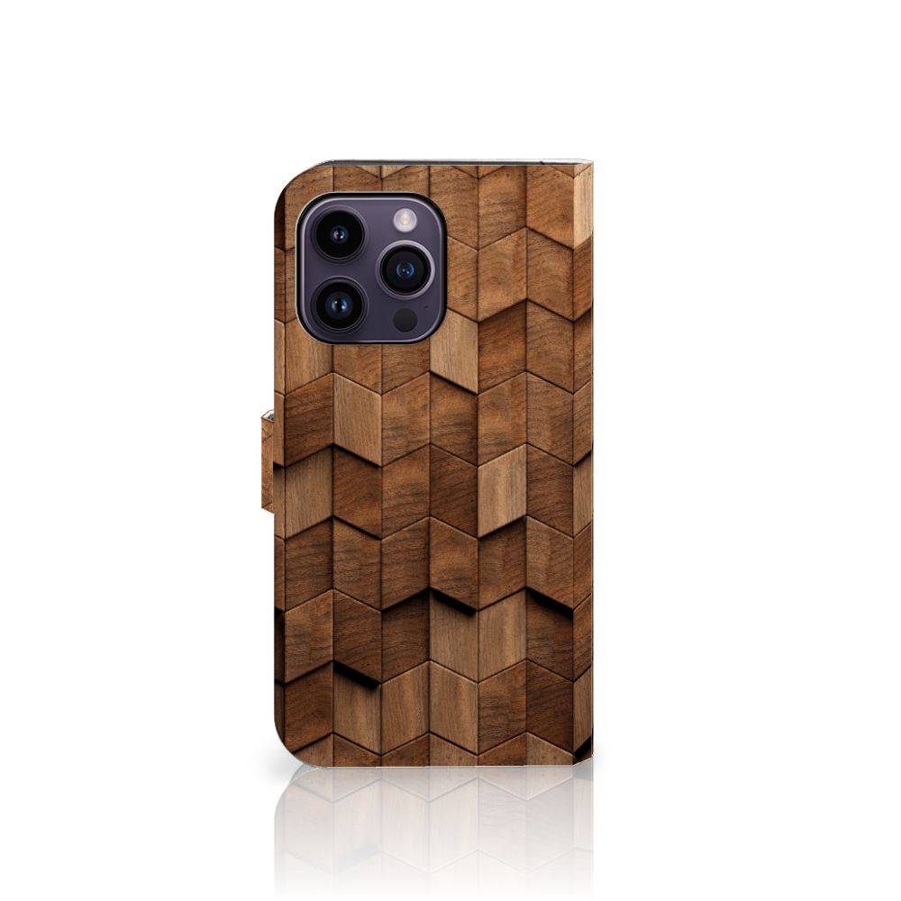 Book Style Case voor iPhone 15 Pro Max Wooden Cubes met een uniek houten cubedesign.