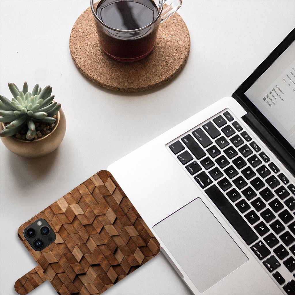 Book Style Case voor iPhone 15 Pro Wooden Cubes hoesje aanzicht