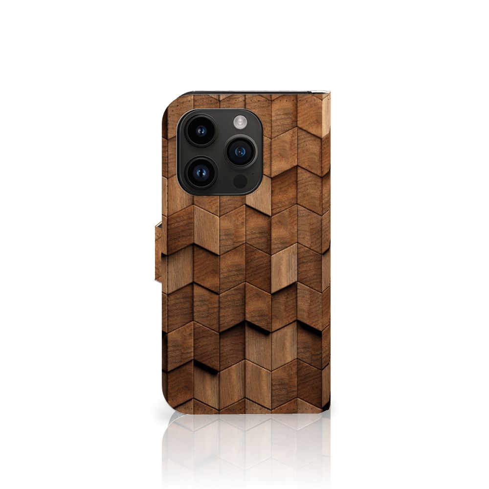Book Style Case voor iPhone 15 Pro Wooden Cubes houten hoesje design houten kubussen aanzicht