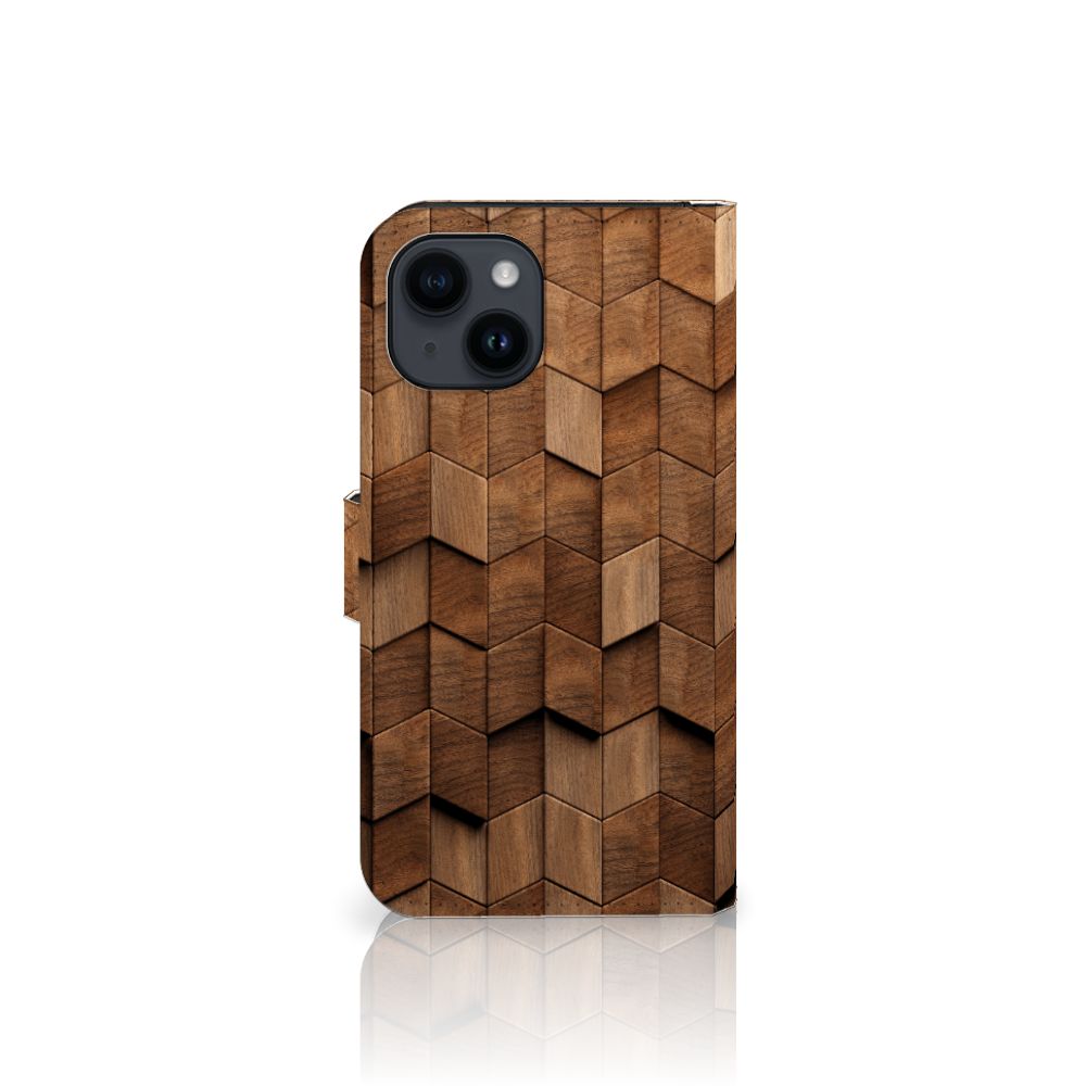 Book Style Case voor iPhone 15 Wooden Cubes met een prachtig houten design van hexahedron vormen.