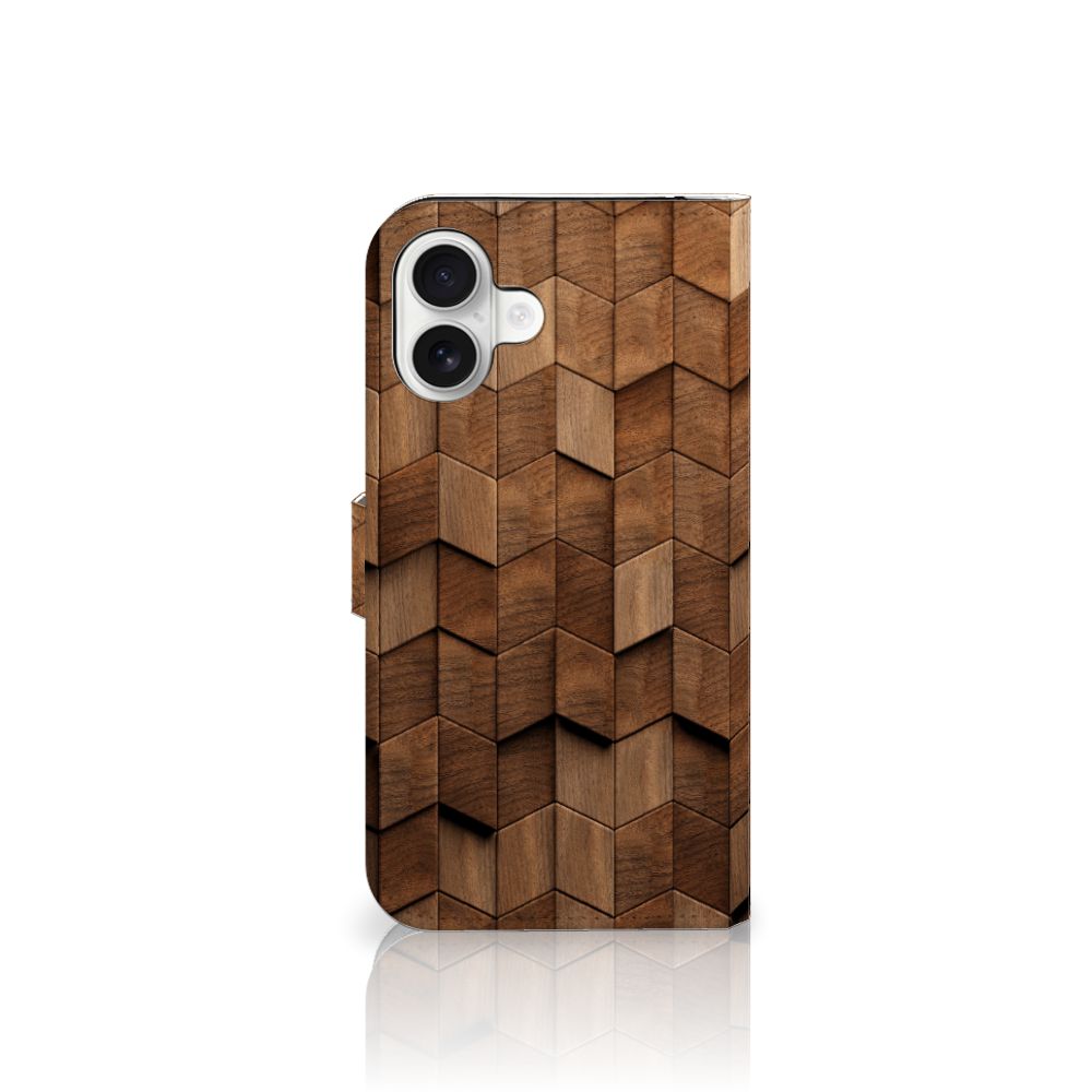 Book Style Case voor iPhone 16 Plus Wooden Cubes design houten kubussen aanzicht