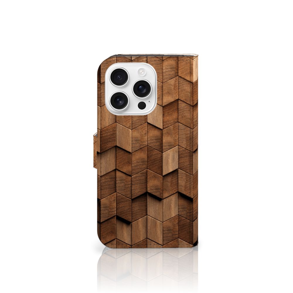 Book Style Case voor iPhone 16 Pro Wooden Cubes design houten blokken aanzicht