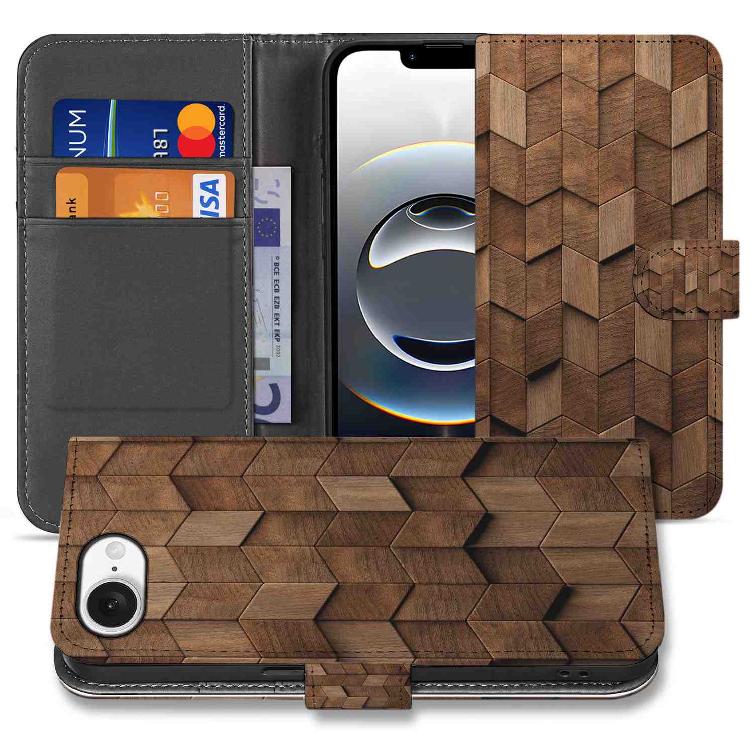 Book Style Case voor iPhone 16e Wooden Cubes hoesje design houten blokken aanzicht