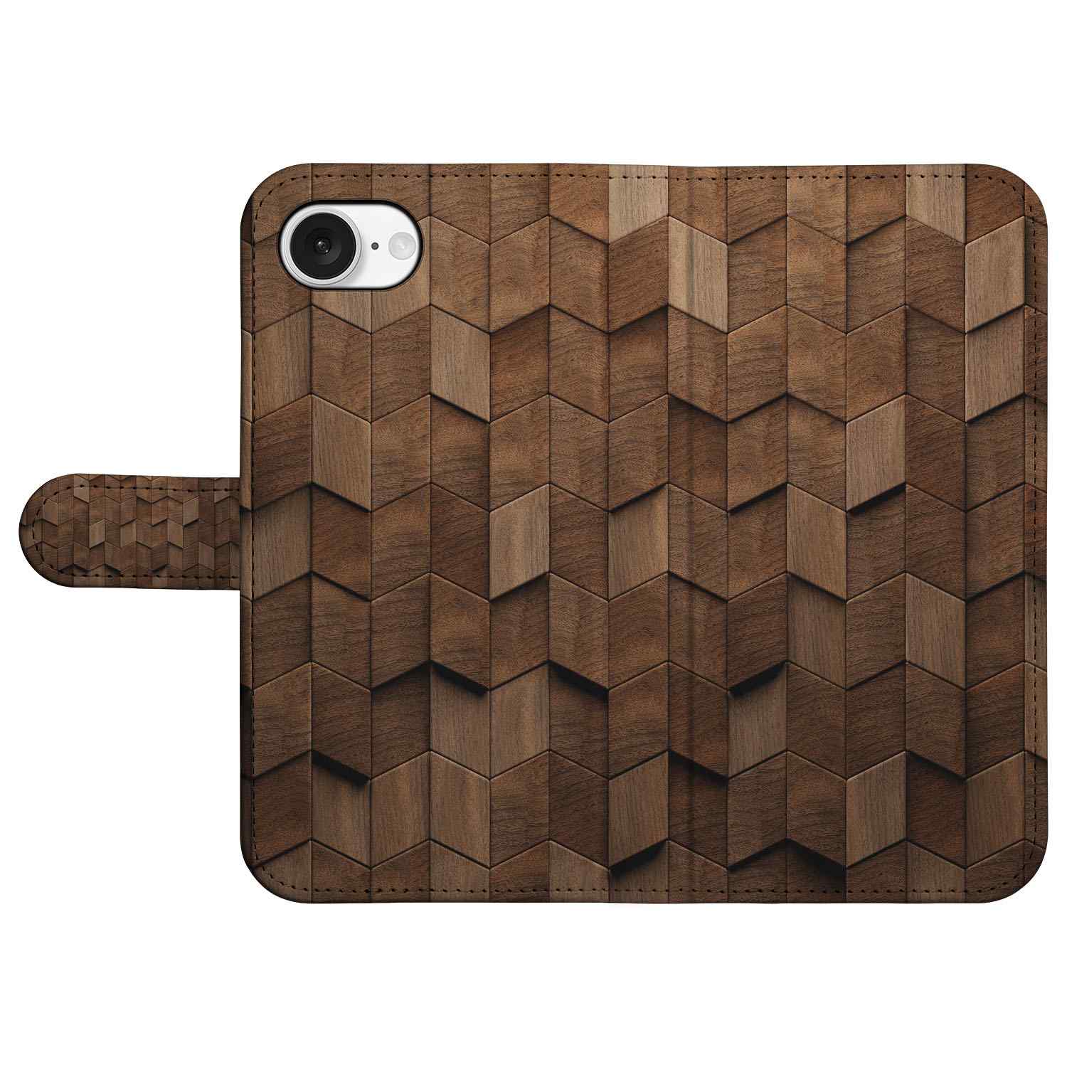 Book Style Case voor iPhone 16e Wooden Cubes houtenprint design voorkant