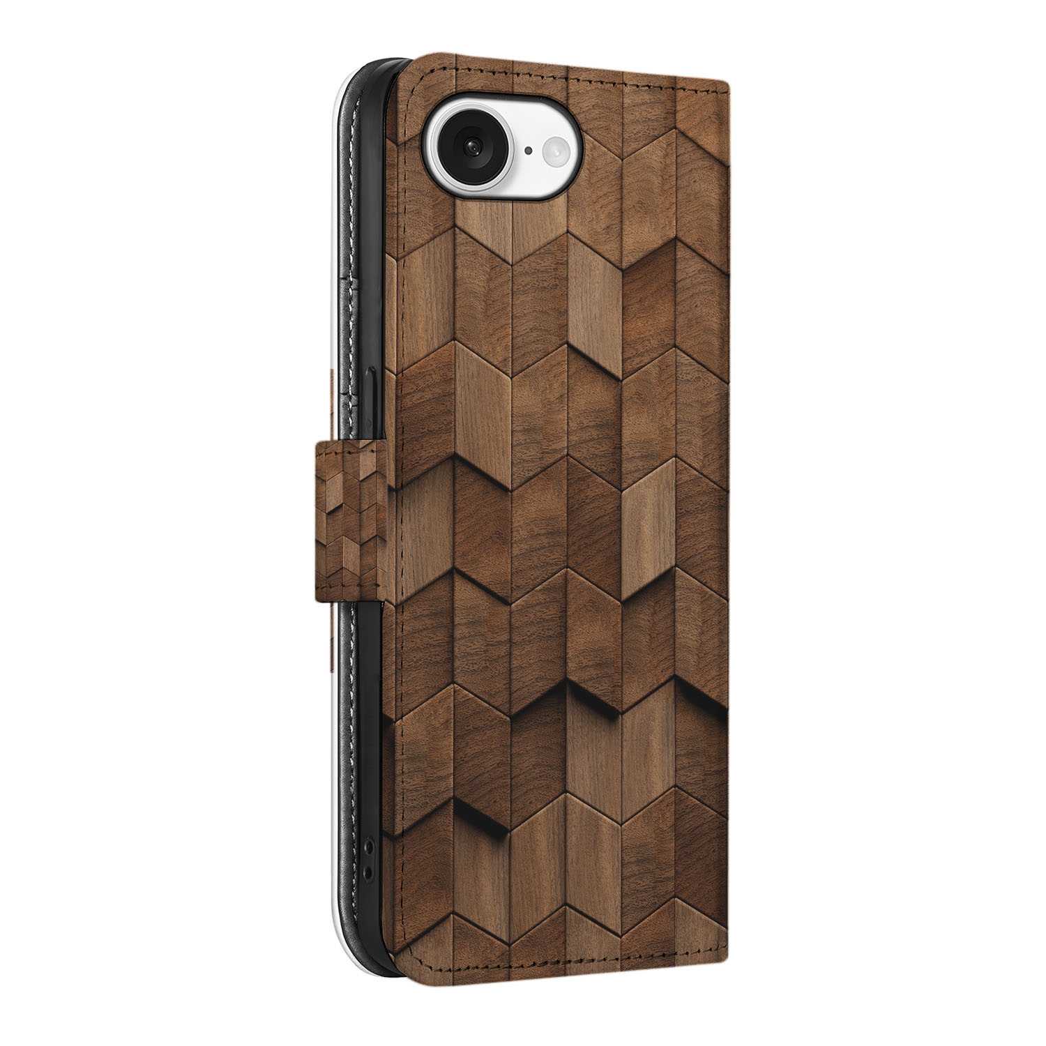 Book Style Case voor iPhone 16e Wooden Cubes design houten blokken aanzicht