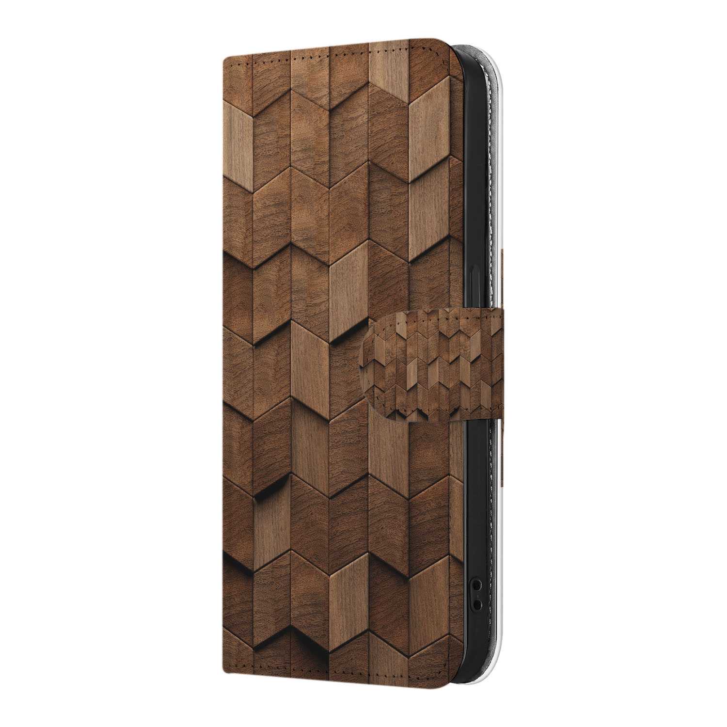 Book Style Case voor iPhone 16e Wooden Cubes boek stijl hoesje houten cubes aanzicht