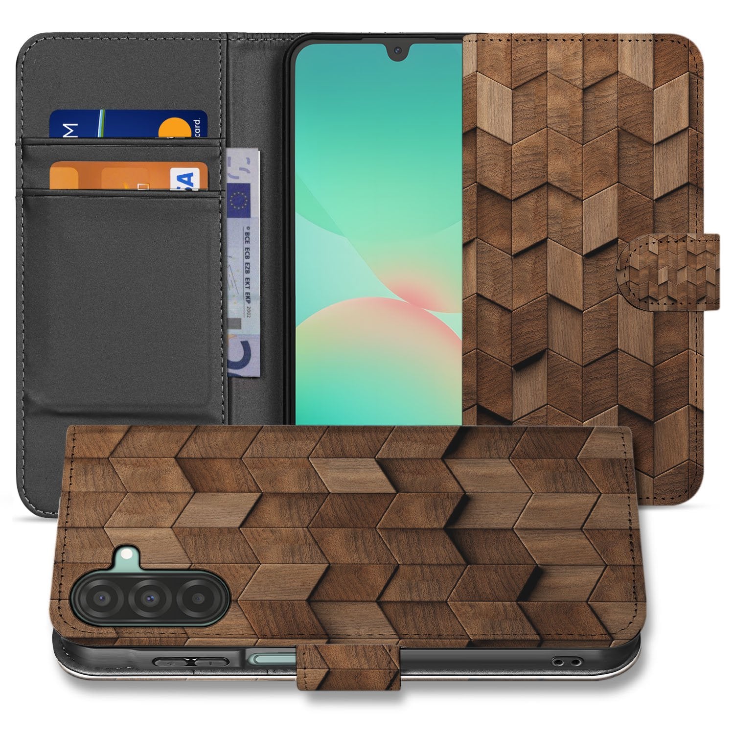 Book Style Hoes Voor Samsung Galaxy A17 Wooden Cubes Houtprint Bruin bookcase houten kubussen bruin aanzicht