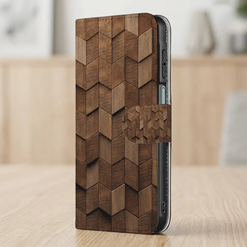 Book Style Hoes Voor Samsung Galaxy A17 Wooden Cubes Houtprint Bruin bookcase houtprint bruin aanzicht