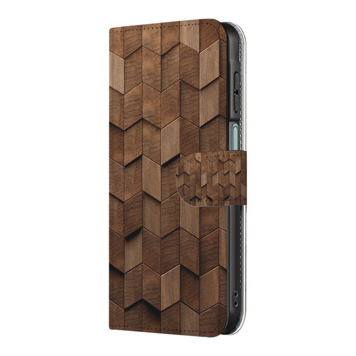 Book Style Hoes Voor Samsung Galaxy A17 Wooden Cubes Houtprint Bruin bookcase houtprint bruin aanzicht