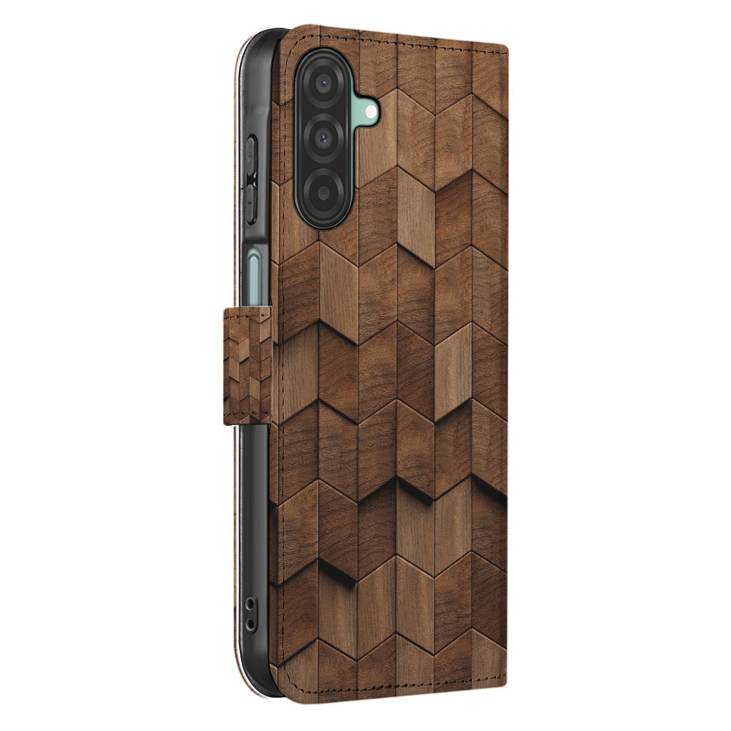 Book Style Hoes Voor Samsung Galaxy A17 Wooden Cubes Houtprint Bruin design houten blokken zijkant