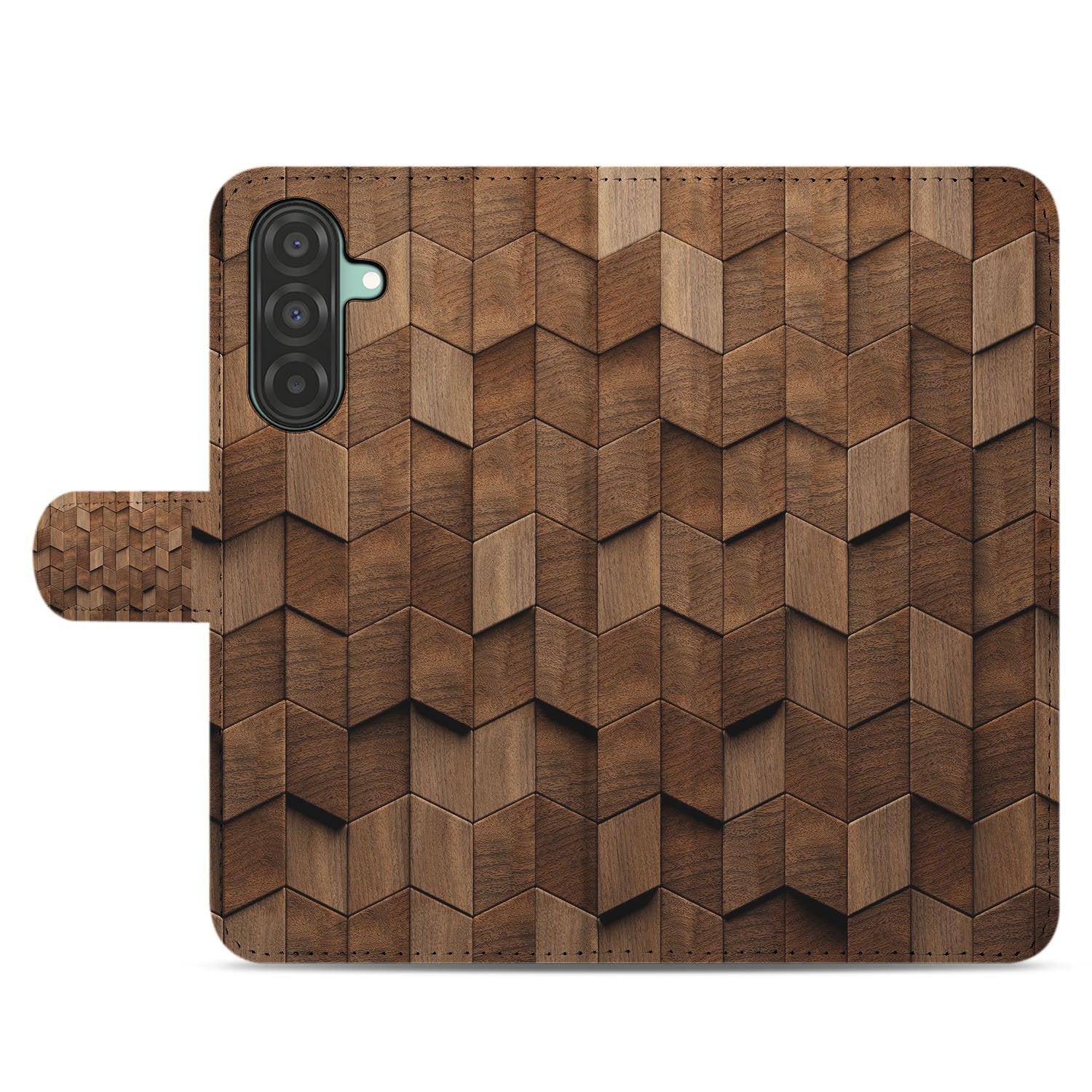 Book Style Hoes Voor Samsung Galaxy A17 Wooden Cubes Houtprint Bruin design houten hexagons aanzicht
