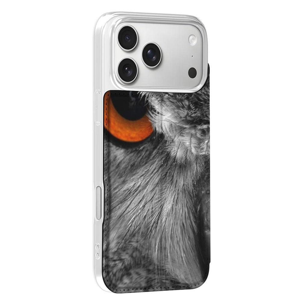 Book Wallet Case Apple iPhone 17 Pro Uil uil motief zwart grijs oranje zijaanzicht
