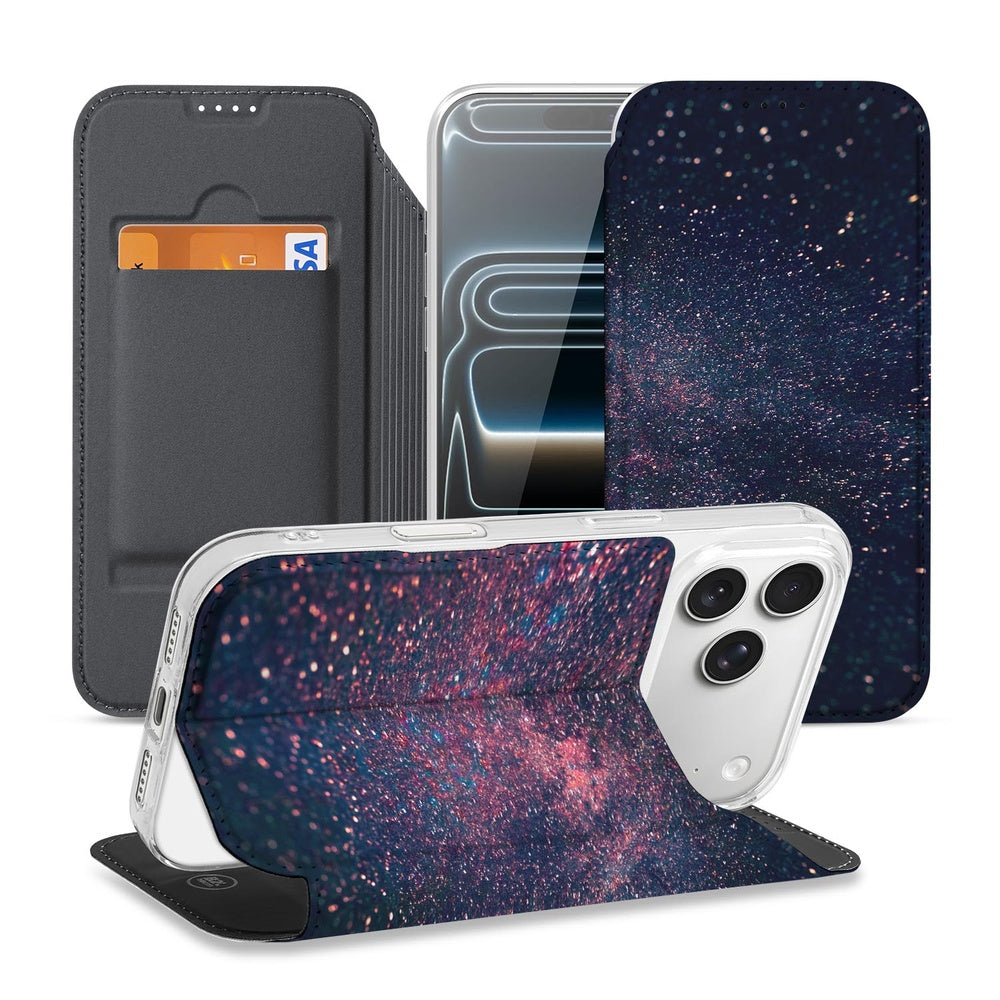 Book Wallet Case iPhone 17 Pro Stars boek hoesje sterren paars blauw zijkant voorzijde