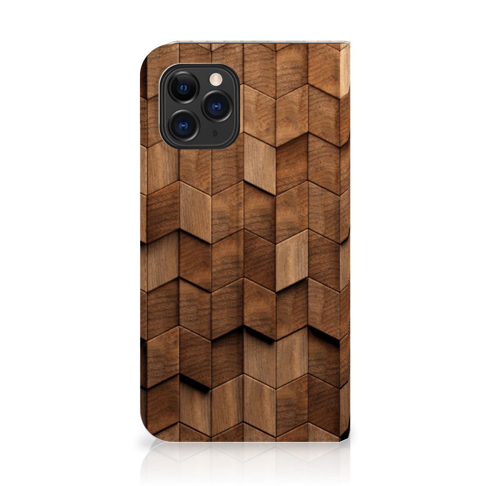 Apple iPhone 11 Pro Book Wallet Case voor Apple iPhone 11 Pro Wooden Cubes achterkant