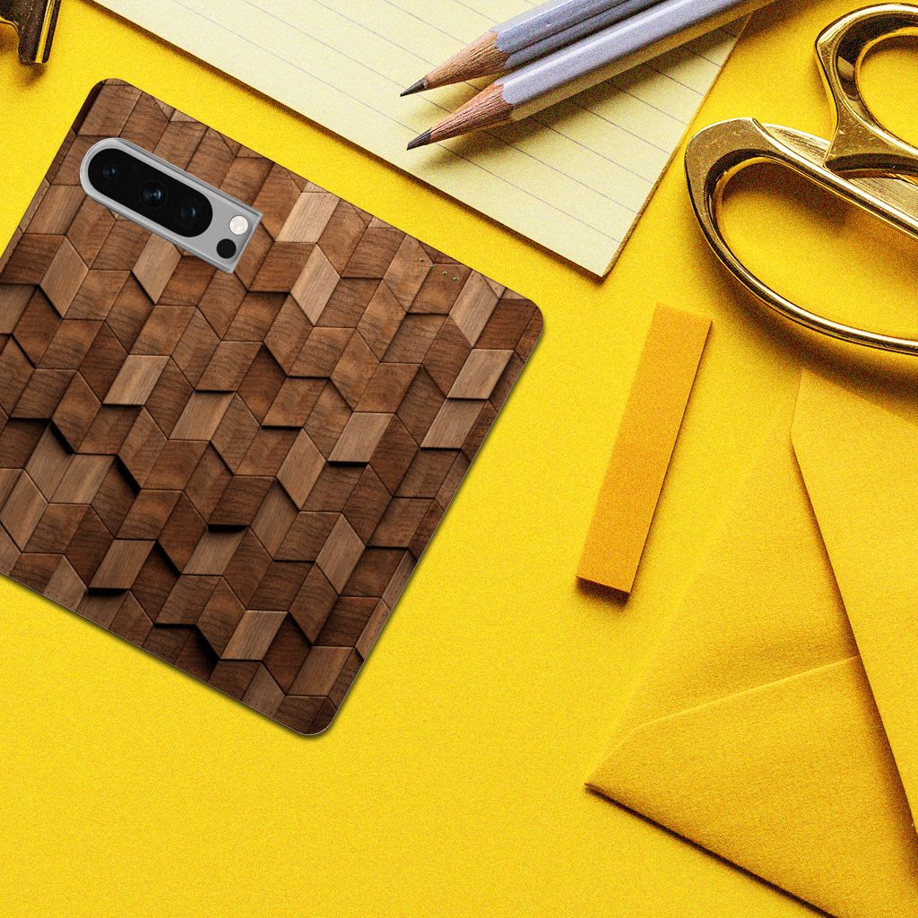 Book Wallet Case voor Google Pixel 8 Pro Wooden Cubes met trendy houten design voor bescherming en gebruiksgemak.