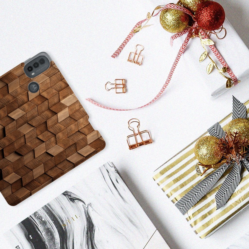 Motorola Moto E20 Book Wallet Case voor Motorola Moto E20 Wooden Cubes achteraanzicht