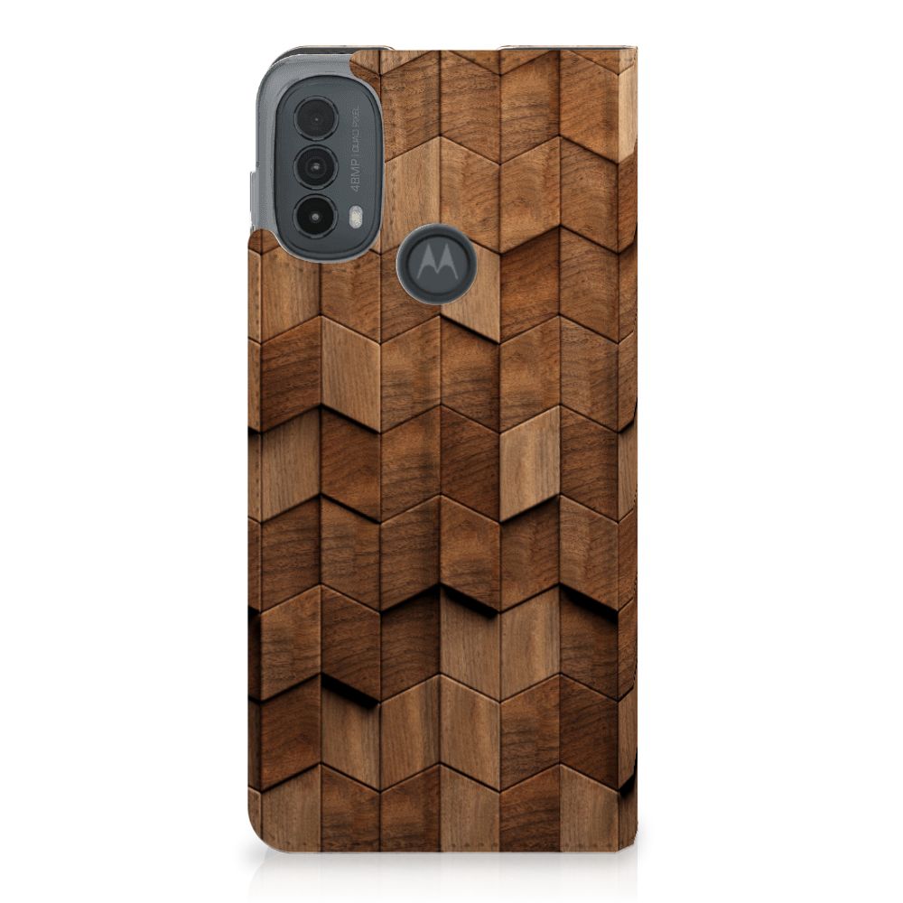 Motorola Moto E20 Book Wallet Case Wooden Cubes achteraanzicht