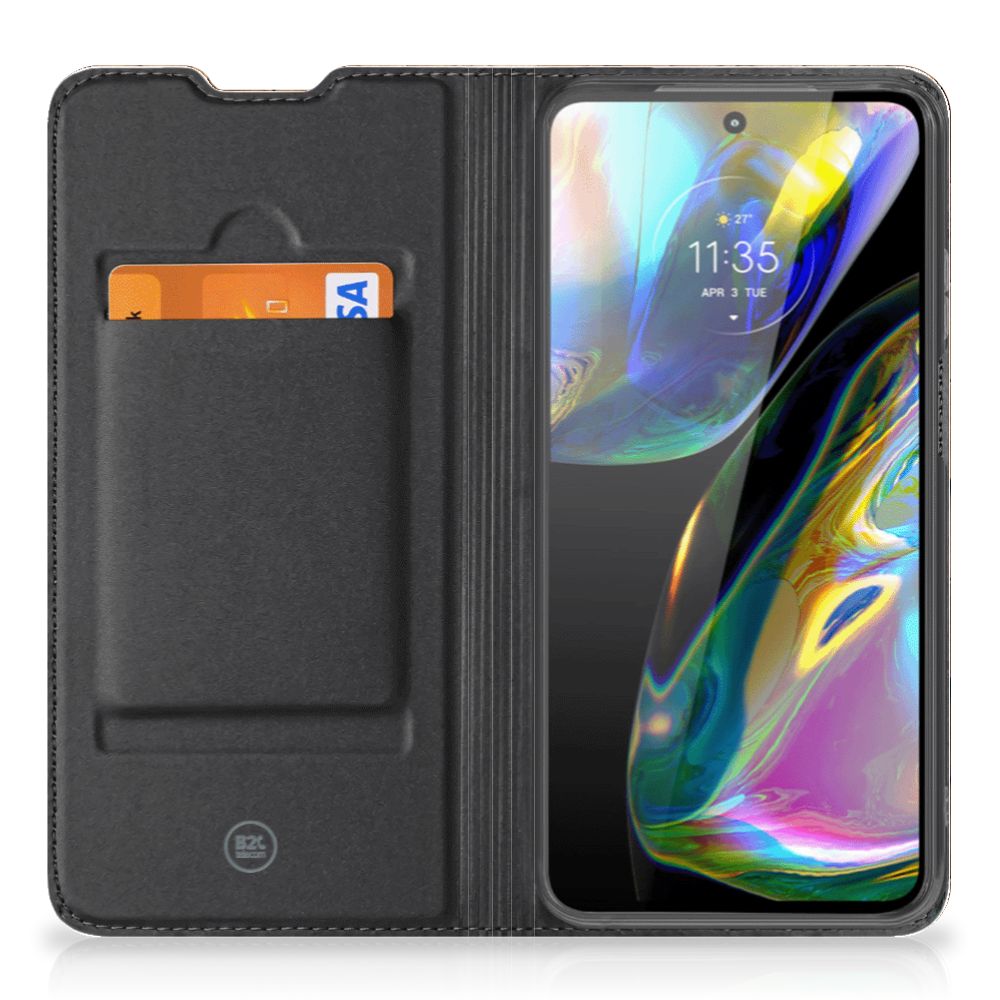 Motorola Moto G52 Book Wallet Case Wooden Cubes binnenzijde met pasjeshouder en scherm