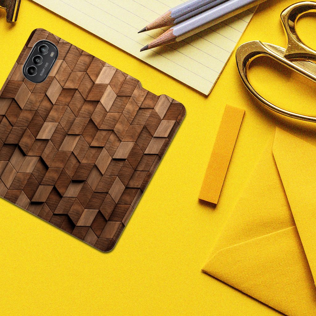 Motorola Moto G52 Book Wallet Case voor Motorola Moto G52 Moto G82 Wooden Cubes boven aanzicht