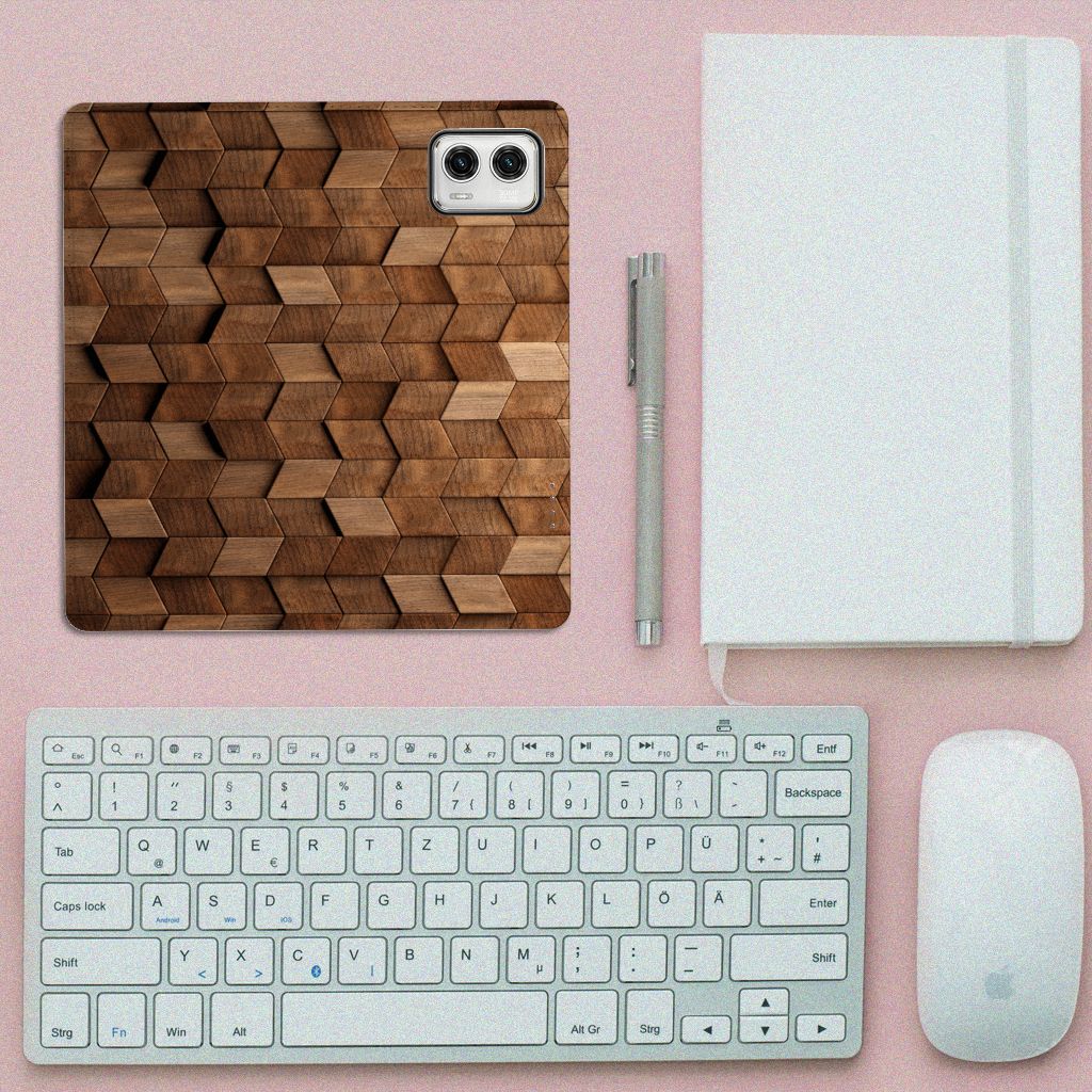 Motorola Moto G73 Book Wallet Case Wooden Cubes boven aanzicht