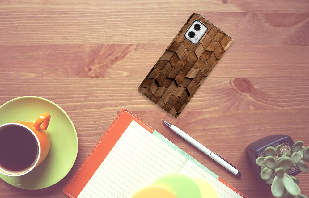 Motorola Moto G73 Book Wallet Case voor Motorola Moto G73 Wooden Cubes bovenaanzicht