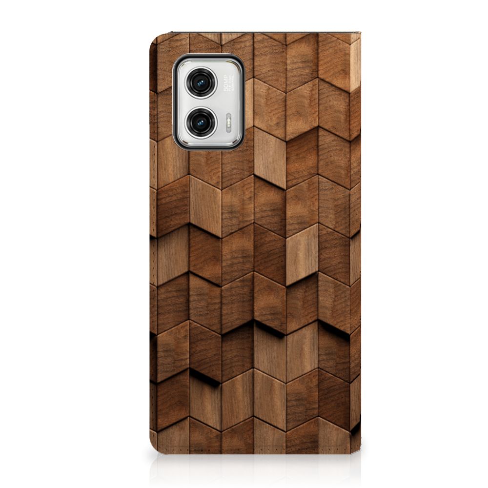 Motorola Moto G73 Book Wallet Case Wooden Cubes voorzijde