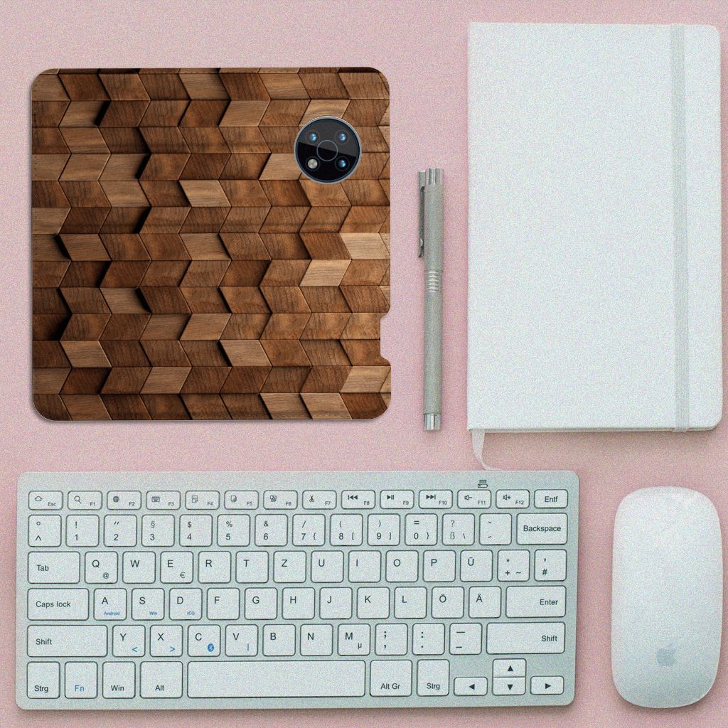 Nokia G50 Book Wallet Case voor Nokia G50 Wooden Cubes bovenaanzicht