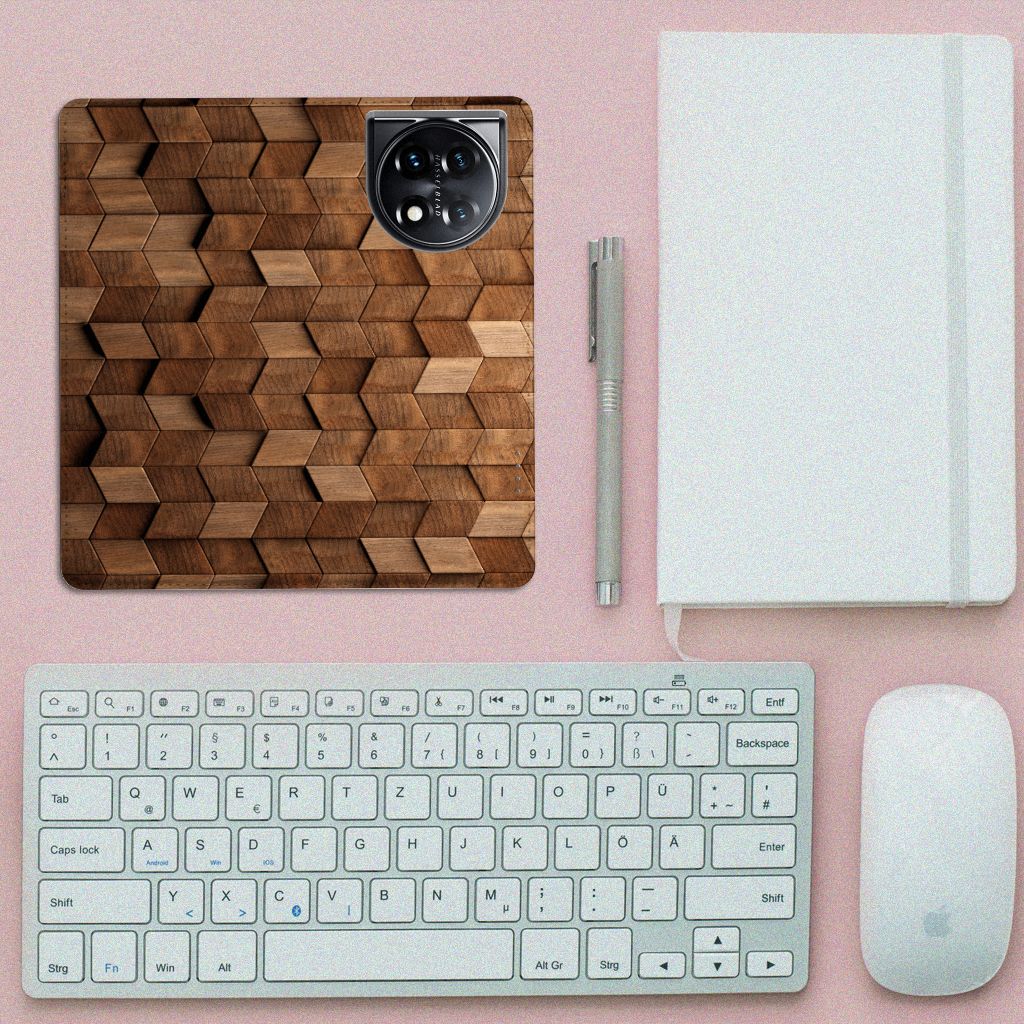 OnePlus 11 Book Wallet Case voor OnePlus 11 Wooden Cubes bovenaanzicht
