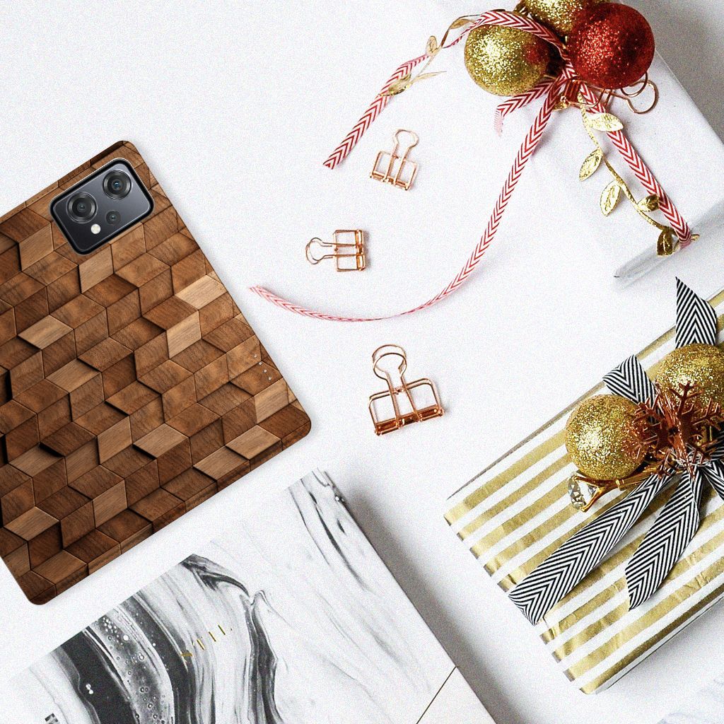 Book Wallet Case voor OnePlus Nord CE 2 Lite 5G Wooden Cubes op een feestelijke achtergrond met geschenken 🎁.