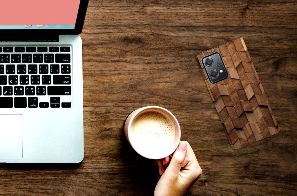 Book Wallet Case voor OnePlus Nord CE 2 Lite 5G Wooden Cubes op een bureau met laptop en koffie ☕