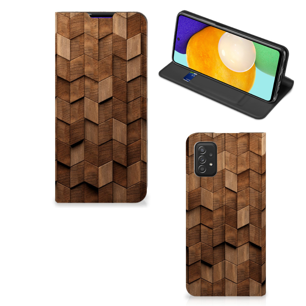 Samsung Galaxy A03s Book Wallet Case Wooden Cubes ontwerp voorzijde en achterzijde