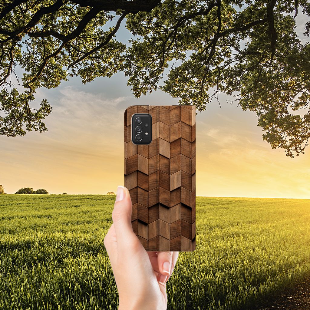 Samsung Galaxy A03s Book Wallet Case voor Samsung Galaxy A03s Wooden Cubes hand aanzicht