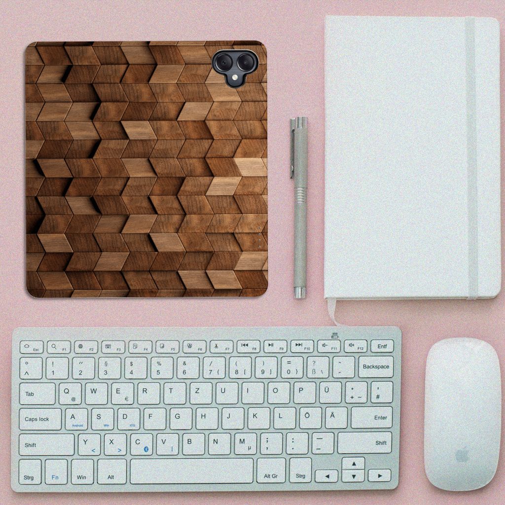 Samsung Galaxy A05 Book Wallet Case Wooden Cubes bovenaanzicht