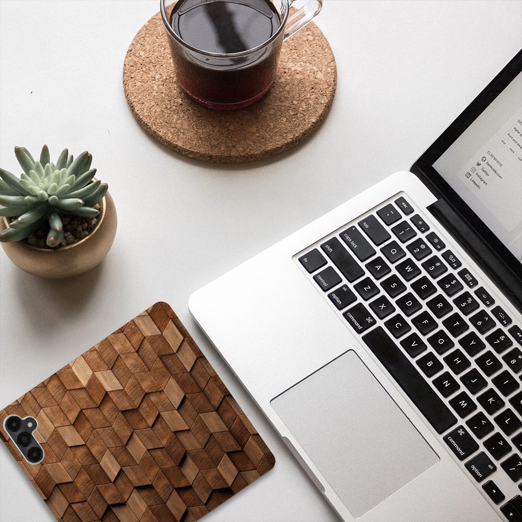 Book Wallet Case voor Samsung Galaxy A05s Wooden Cubes op bureau met laptop en koffie, perfect als cadeau! ☕