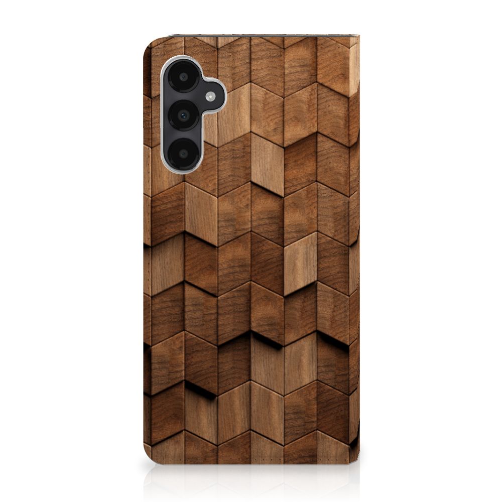 Book Wallet Case voor Samsung Galaxy A05s Wooden Cubes met een uniek houten design voor gebruiksgemak en duurzaamheid.