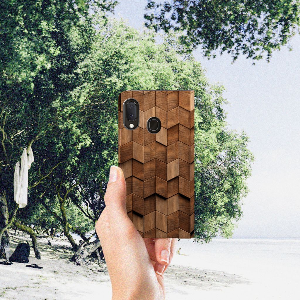 Samsung Galaxy A20e Book Wallet Case Wooden Cubes hand holding design