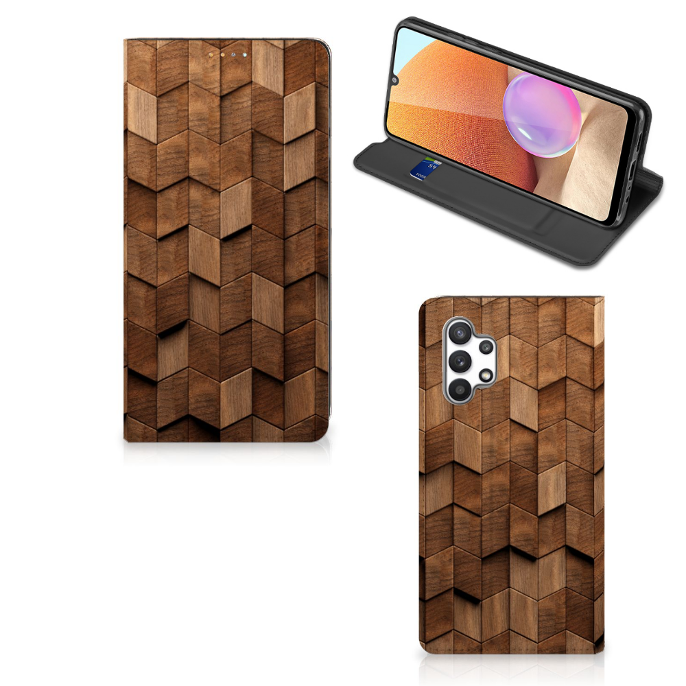 Samsung Galaxy A32 4G A32 5G Book Wallet Case Wooden Cubes design vooraan en achteraan
