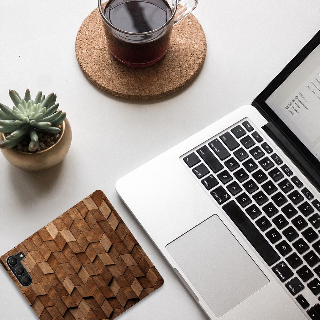 Samsung Galaxy S23 Plus Book Wallet Case voor Samsung Galaxy S23 Plus Wooden Cubes bovenaanzicht