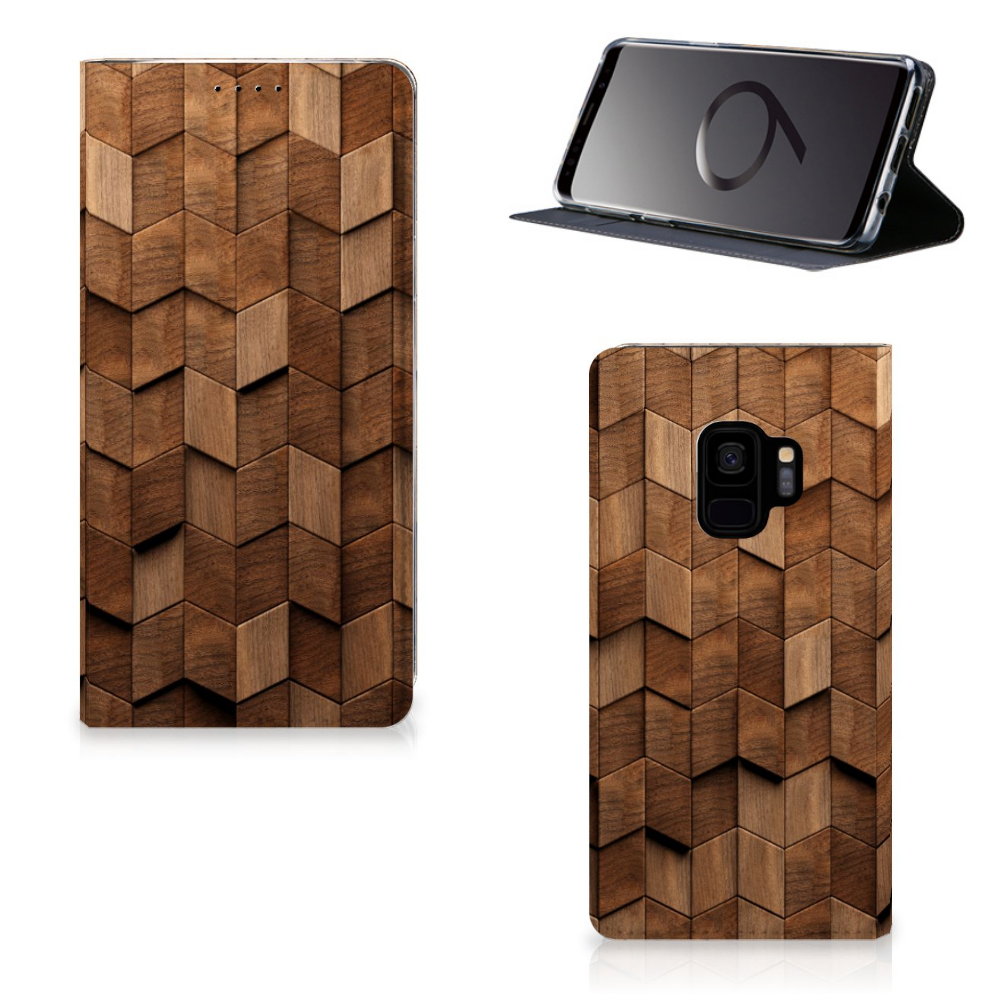 Samsung Galaxy S9 Book Wallet Case Wooden Cubes voorkant achterkant