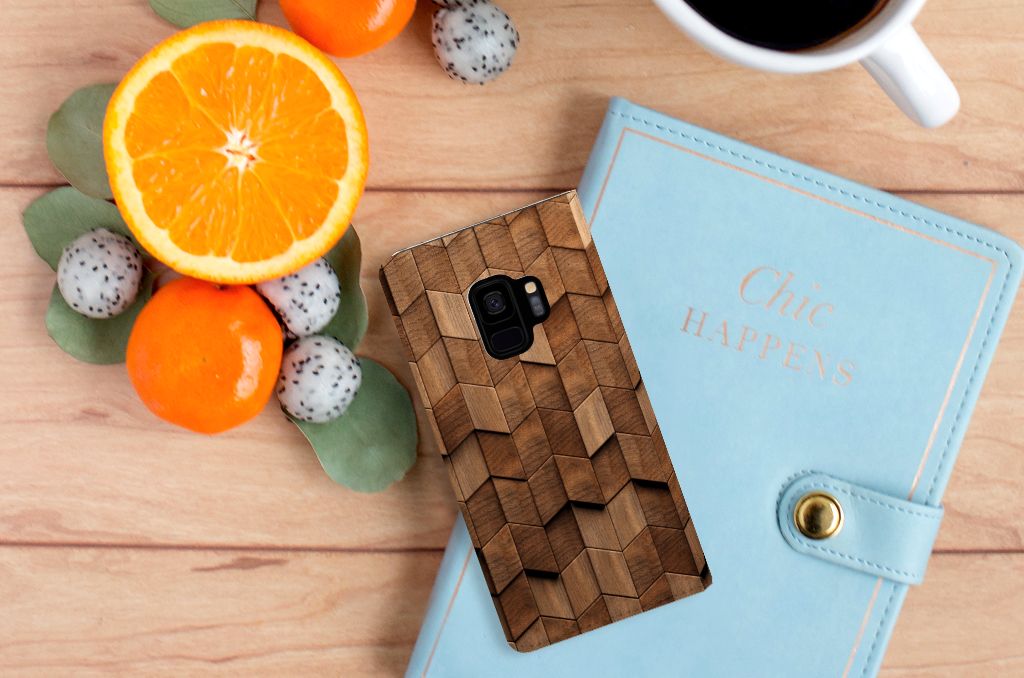 Samsung Galaxy S9 Book Wallet Case voor Samsung Galaxy S9 Wooden Cubes aanzicht
