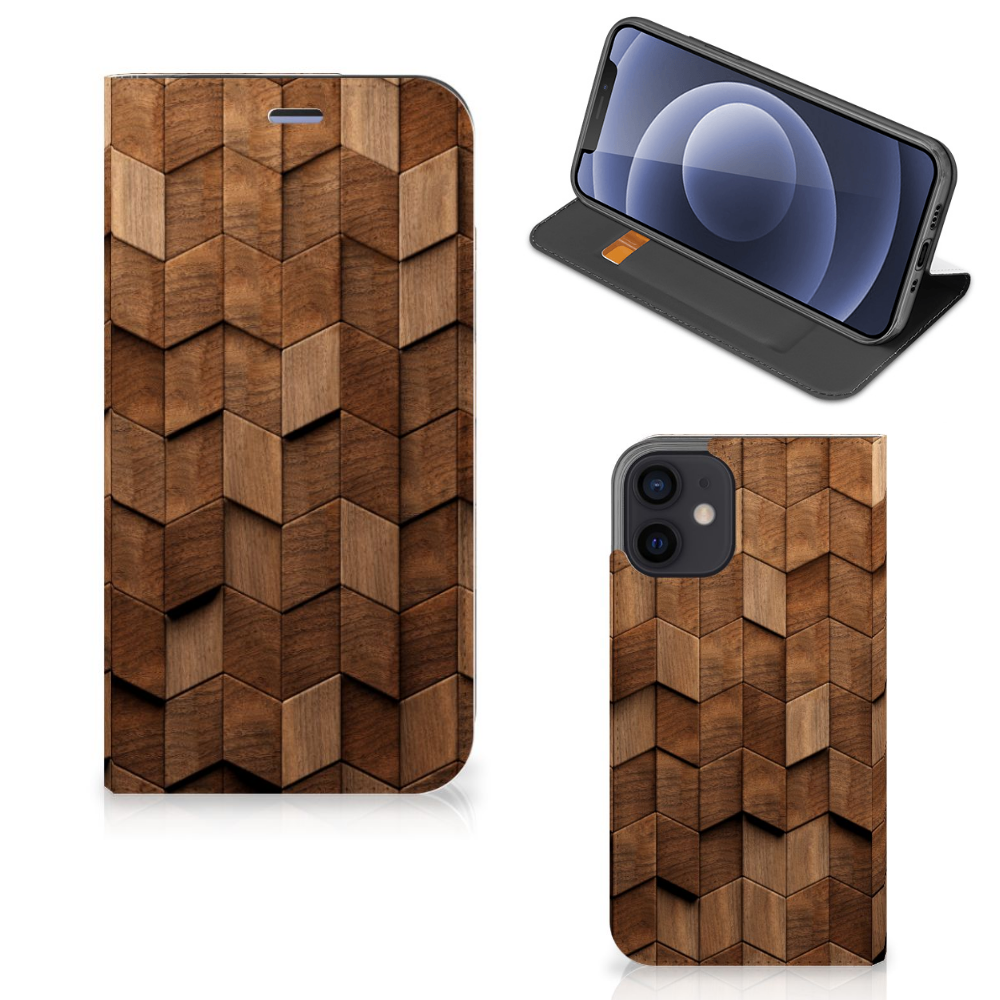 Book Wallet Case voor iPhone 12 Mini Wooden Cubes vooraanzicht en zijaanzicht