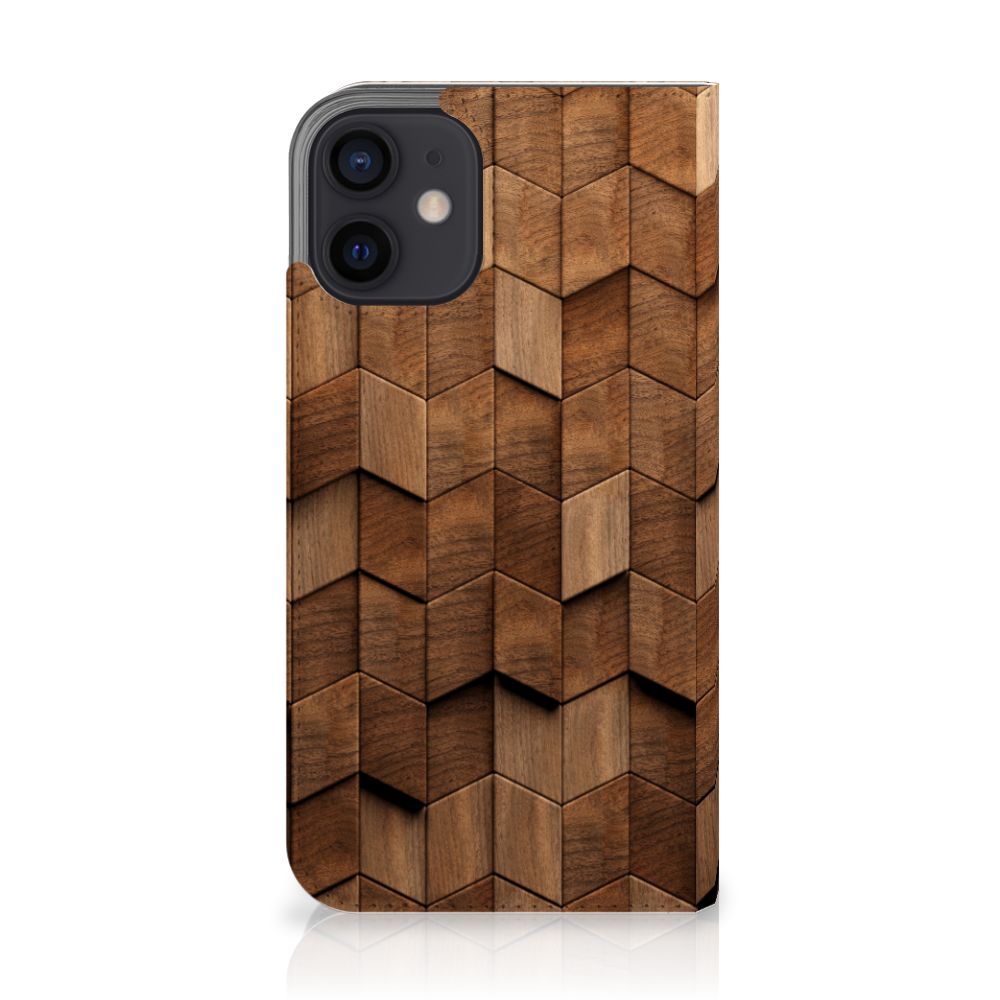 Book Wallet Case voor iPhone 12 Mini Wooden Cubes houten design achteraanzicht