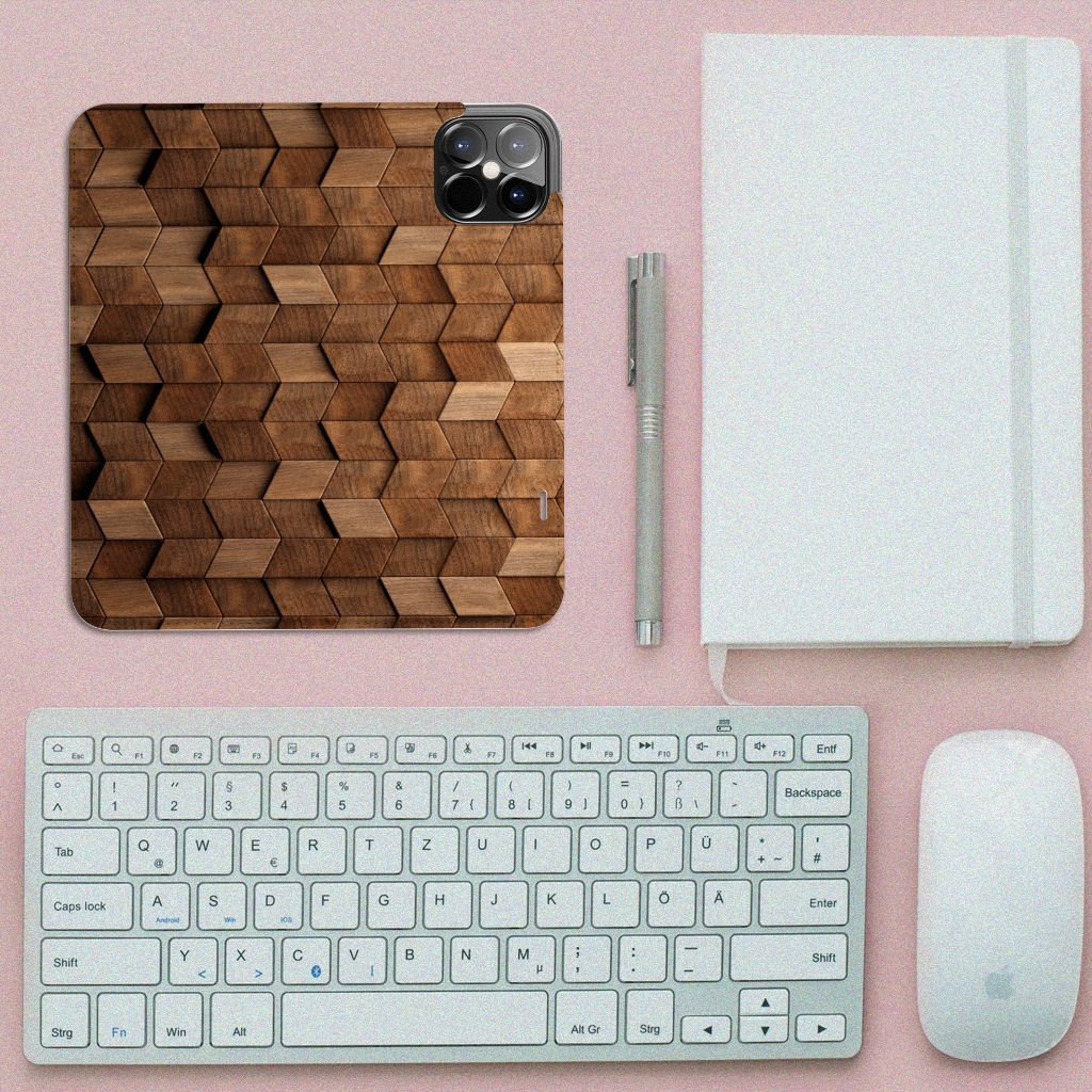 iPhone 12 Pro Max Book Wallet Case voor iPhone 12 Pro Max Wooden Cubes bovenaanzicht