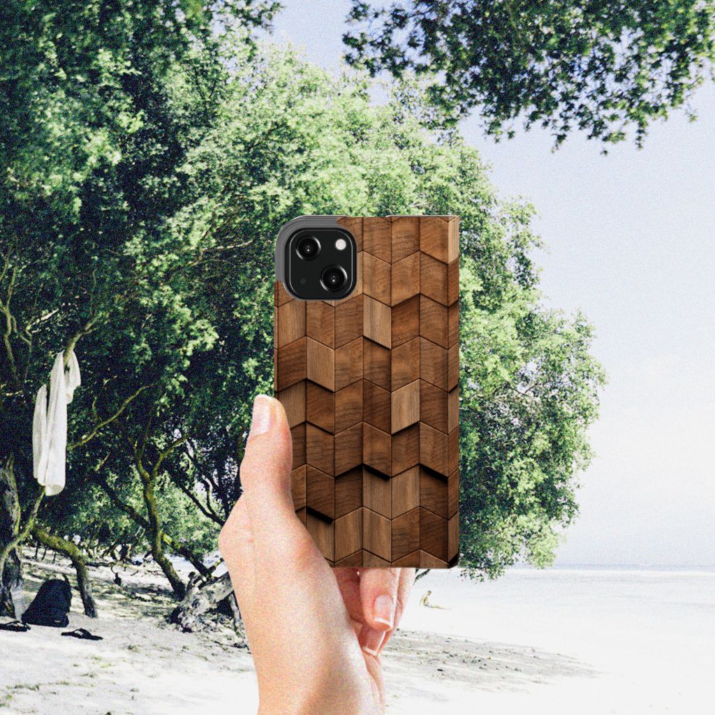 Book Wallet Case voor iPhone 13 Wooden Cubes