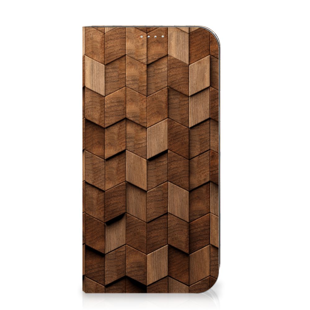 Book Wallet Case voor iPhone 15 Plus Wooden Cubes met een uniek houten print design.