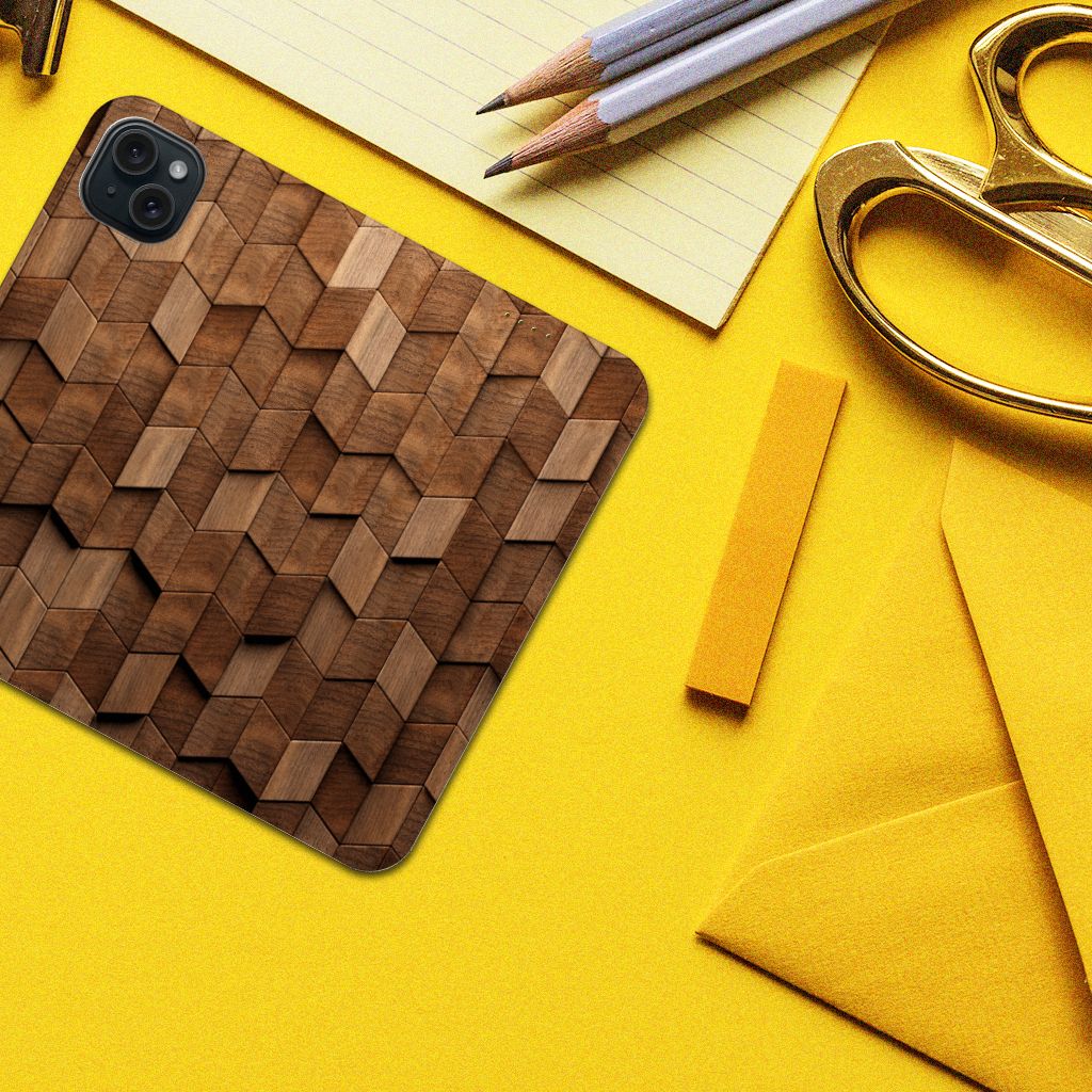 Book Wallet Case voor iPhone 15 Plus Wooden Cubes met een uniek houten blokken design voor stijl en bescherming.