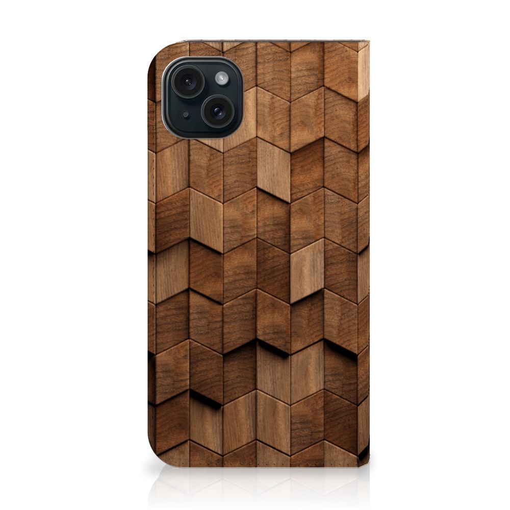 Book Wallet Case voor iPhone 15 Plus Wooden Cubes - prachtig ontwerp van houten blokken 🪵