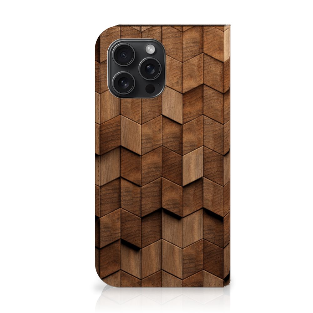 Book Wallet Case voor iPhone 15 Pro Max Wooden Cubes met een uniek houten blokken design 🪵