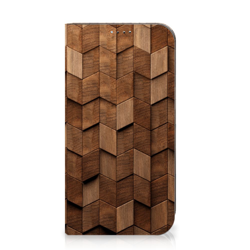 Book Wallet Case voor iPhone 15 Wooden Cubes met een uniek houten design