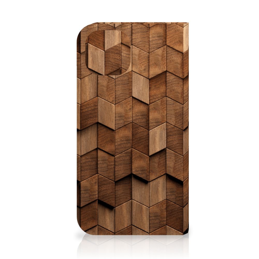 Book Wallet Case voor iPhone 15 Wooden Cubes met een uniek houten kubusdesign 🪵.